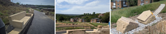 3 photos of works to Spotswood Green space including new stone benches, a view over the valley and stone sculptures