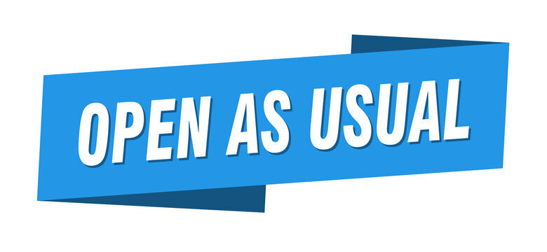 White text on a blue background which says "open as usual"