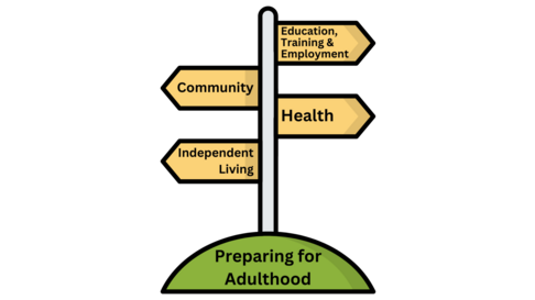 Signpost on a green mound. The signpost has 4 arrows reading "education, employment & training", "community," "health" and "independent living"