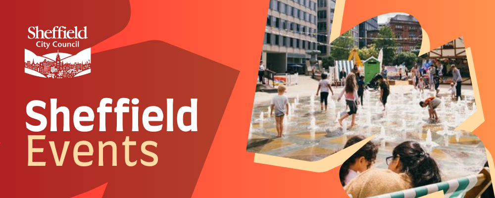Sheffield events banner, with a photo of Sheffield by the Seaside next to an orange colour scheme.