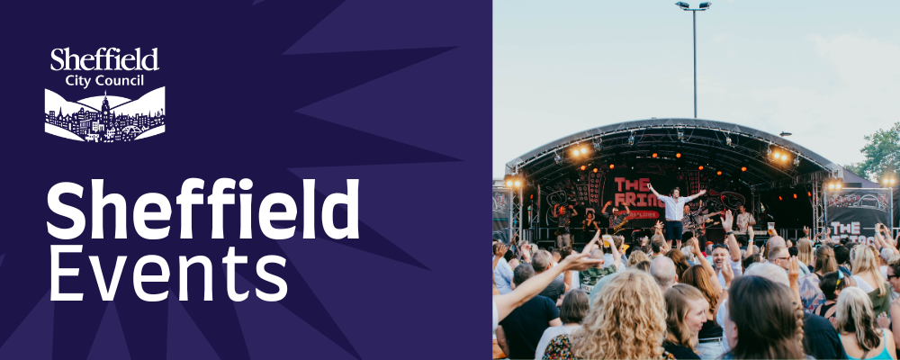 Sheffield events bulletin header, with a photo of The Fringe at Tramlines. A crowd watches on at Devonshire Green.