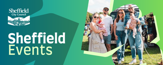 Sheffield City Council events banner featuring a group of adults and young children at an outdoor community festival on a sunny day.