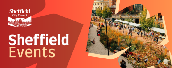 'Sheffield Events' sign with orange shaded background. An image on the right of Victoria Quays, with autumn leaves above people next to the canal.