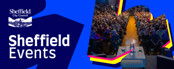 A seated audience look towards a stage, with dim lights over the top. To the left is the Sheffield Events logo.