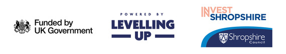 ukspf logos; powered by levelling up, invest in shropshire, shropshire council, funded by the UK government