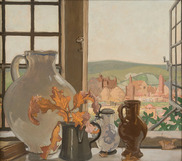 Painting of a vase and series of jugs on windowsill with a view of a town in the background in browns and greens