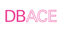 DBACE text in pink, with multi coloured background with  faces