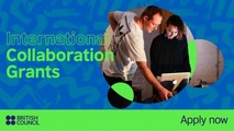 blue background with green writing and banner 'international collaboration grants'