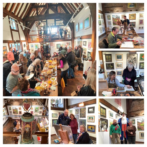 a collage of pictures of the artshack exhibition; crowds from the open day, artists in action, smilikng visitors, artpieces on display