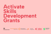 Activate Skills Development Grants in red font on pink background with funders logos at bottom 