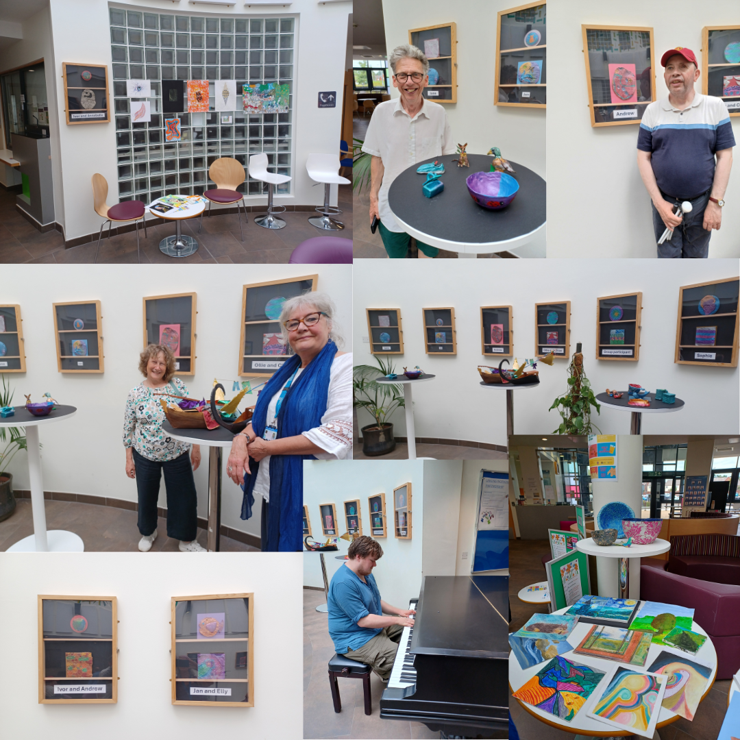 collage of photos from an art exhibition with pictures on the wall and on tables, people pose by their artwork and smile at the camera