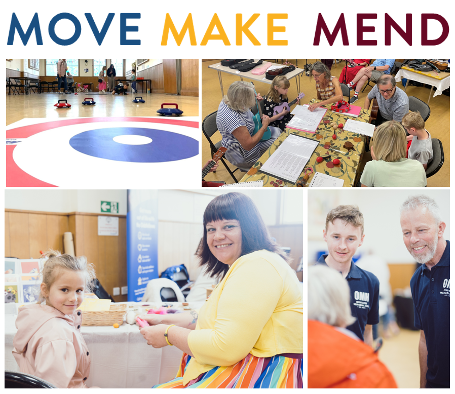 a collage of photos featuring activities at oswestry memorial hall:  curling, ukulele workshop, craft workshop. As well as smiling staff