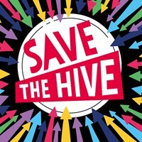 save the hive in red capitals in a white circular surrounded by multicolour arrows pointing inwards