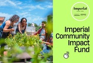 Image of smiling people in a garden on one half, vivid green other half with imperial community impact fund written on it