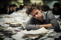 Man sitting with a pile of paperwork