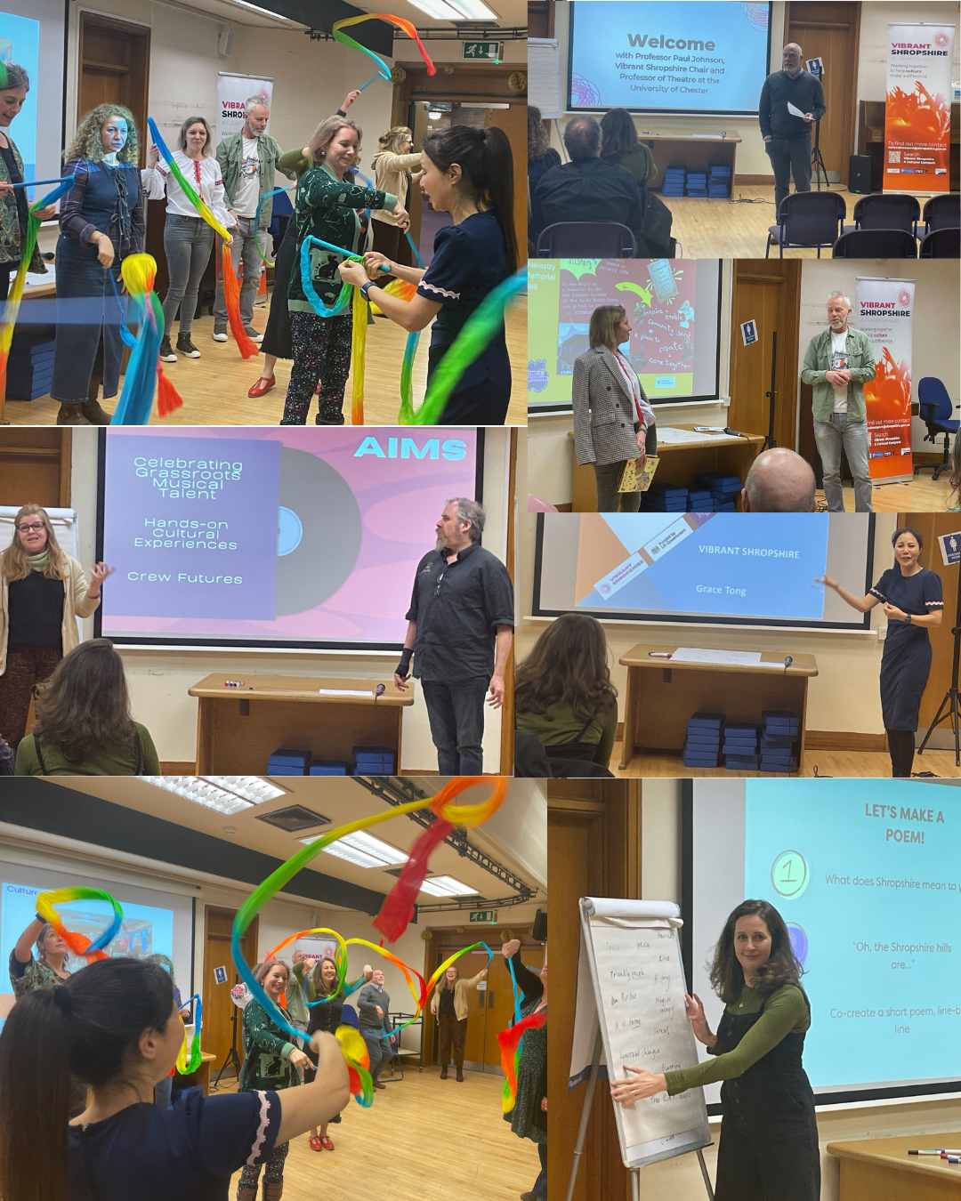 a collage of images showing presenters in front of powerpoint slides and participants playing with dancing ribbons