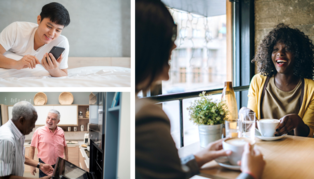Man on phone, 2 men cooking and 2 women having coffee