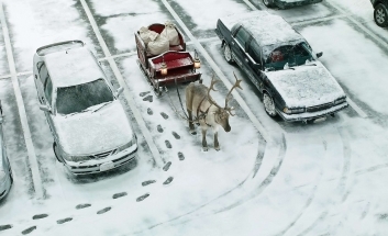 Santa's sleigh and reindeer parked in a car park between 2 cars, snow and footprints on the ground