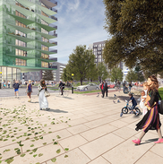 CGI image of people walking in the public space at Better Queensway