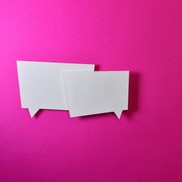 Two white card speech bubbles on hot pink background.