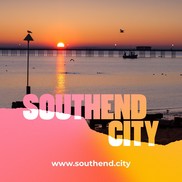 Southend city wording with a seafront sunset in the background