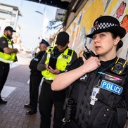 Police and community safety officers under the bridge on Southend High Street.