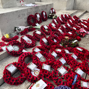 Poppy wreaths laid out under the Cenotaph.