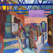 An abstract painting of what appears to be old style train station. The colours are very bright, not like the real thing.