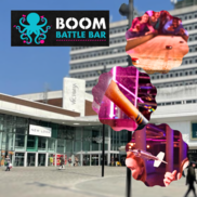 Outside of the Southend Victoria centre. The Boom Battle Bar logo top left photos of boom bar activities, such as darts and axe throwing.