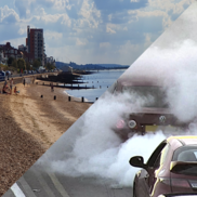 A split image. 1 half shows 2 cars burning out tires whist the other is of the beach meeting the sea.