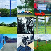 9 images in a grid including a football goal, basketball hoop, a large camera on a tripod and group of teenagers in an alleyway.