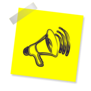 Line drawing of a megaphone on a bright yellow sticky note.