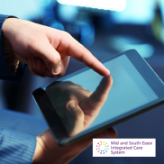 A hand with the index touching a tablet. The Mid and South Essex Integrated Care System logo is on the bottom right