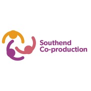 Southend coproduction logo. Includes three different coloured stickmen looked from above and the words Southend Co-production