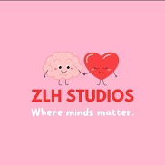 A graphic of a brain and a heart holding hands on a pink background. The text says ZLH Studios, where minds matters.
