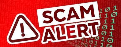 Scam alert with a warning sign on a red background.