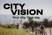 View of the sea in Southend-on-Sea with the text City Vision over the image