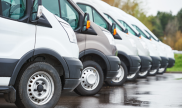 A row of white vans parked side-by-side.