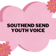 A pink speech bubble with the text Southend SEND Youth Voice 