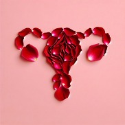 Red rose petals in the shape of the female reproductive system on a pastel pink background.