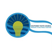 Southend Youth Council logo: Green lightbulb in blue circle, wave lines, 'Bringing young minds together'.