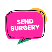 Logo: SEND Surgery. A pink speech bubble with the text SEND Surgery in white.