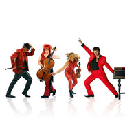 The group Red Priest all standing in a row it bright red clothes, the background is pure white.