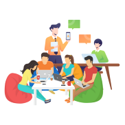 A colourful graphic of people working together. Some are at a table, others on cushion floors. They are on laptops and mobile phones.