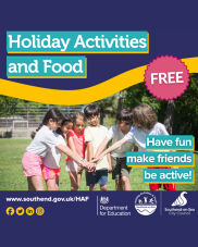 A graphic promoting HAF sessions. There are children playing together outdoors and the title says Holiday Activity and Food.