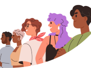 A graphics of a group of people's profile in a line. they are all next to each other looking to the left.