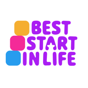 Best Start in Life logo. Featuring a bold purple text 'Best Start in Life' and three different coloured cubes stack on the left  