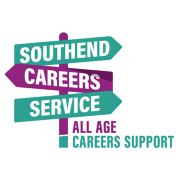 Southend Careers Service logo. A 3-sign post in purple and turquoise.