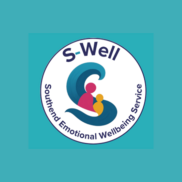 S-well logo. Featuring a circle with the word "S-well", a graphic of an adult and a child together and the words Southend Emotional Wellbeing Service