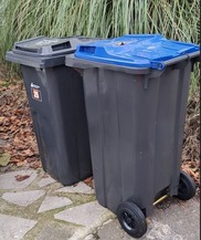 A black wheelie bin and a blue lidded wheelie bin outside a property.